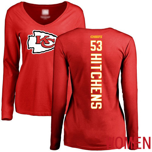 Women Kansas City Chiefs #53 Hitchens Anthony Red Backer Slim Fit Long Sleeve NFL T Shirt